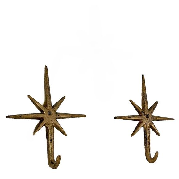 Set of 2 Gold Finish Cast Iron 8-Pointed Atomic Starburst Wall Hooks - Picture 3 of 7